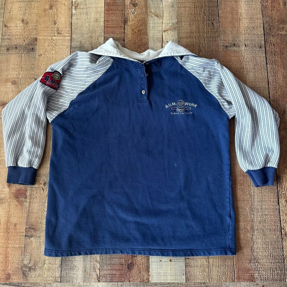 Vintage B.U.M. Equipment Blue Polo Shirt Striped Sleeves Embroidered Logo -L
